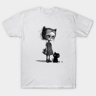 Little Girl with black Cat T-Shirt